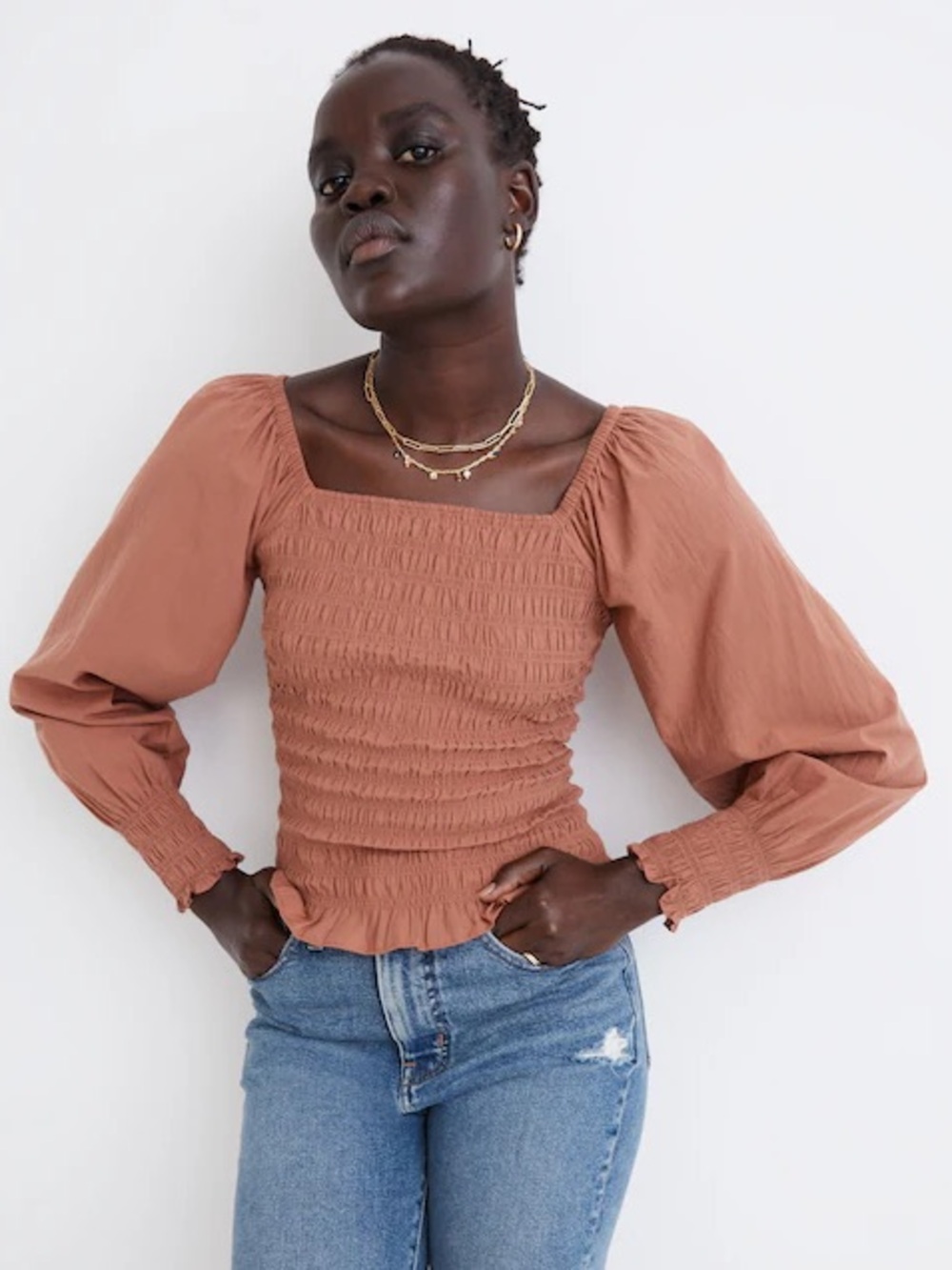 Madewell Lucie Bubble-Sleeve Smocked Top